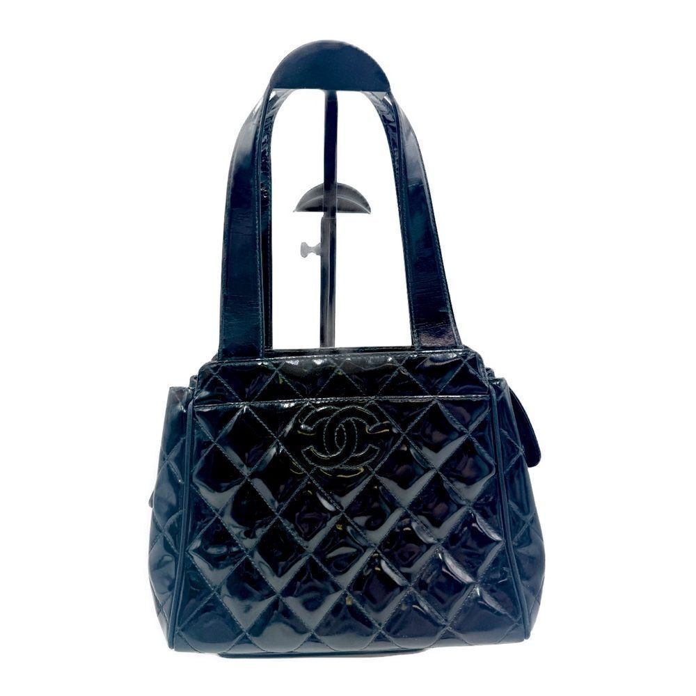 Auth Vtg Chanel Small CC Black Quilted Patent Leather Slit Pocket Shoulder Bag